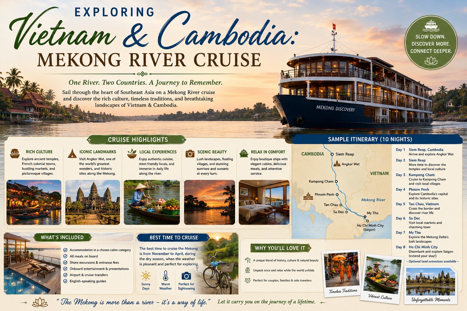 River Cruising Along the Mekong in Vietnam & Cambodia A few years ago, we went on land/river cruise trip through Vietnam and Cambodia. We had an amazing time seeing these two countries. There is so much history and culture. Some of the history is hard to take in, especially visiting sites like The Killing Fields and the “Hotel Hanoi” where American POW’s were held during the Vietnam War. Seeing these places in person though is an eye-opening experience. It was sad because so much of the Cambodian history is unknown to many people. But meeting the amazing, resilient people who can always find a reason to smile was so amazing. We also enjoyed seeing the hustle and bustle in Hanoi and Phnom Penh. This was our first time ever in Asia, and we definitely cannot wait to go back! Our trip was with Viking River Cruises and we had the best guides ever who made the trip even more enjoyable. Here is everything we did and saw during our two weeks in Vietnam & Cambodia. Enjoy! Chicago to Seoul: Read more about our Mekong River cruise on thetravelinggals.com! That is a long line! Off We Go… First we did a lot of flying. A lot. Sarasota to Chicago. Chicago O’Hare to Seoul, South Korea. Seoul to Saigon/Ho Chi Minh (HCM) City, Vietnam. It was about 20 hours of flying. Luckily Korean Air is spectacular and it reminded us again of how terrible it is to fly domestic! We just love the feeling of getting on a plane and then being halfway around the world. Anyone who has traveled internationally understands that amazing feeling. The heat smacks you in the face when you first leave the airport in HCM City. We were there in early March, so it was getting close to their rainy season. No issues with luggage (whew!) and we were off to the hotel. We arrived at the Sofitel Saigon Plaza and promptly passed out from exhaustion. Our first full day in HCM City consisted of touring. We got to see the Reunification Palace, Post Office (way cooler than it sounds!), Notre Dame Cathedral, a lacquer factory, and Chinatown. The Reunification Palace is an interesting place to visit. We got to see the war room in the basement of the building and hear a little bit about the Vietnam War. When we stopped at Notre Dame Cathedral, there were many couples outside taking wedding pictures. On a Monday. We asked our guides why so many people were getting married on this random Monday. They explained that couples take their wedding pictures before the big day and these couples will be getting married in about a month. At The Reunification Palace At The Reunification Palace Anyone who has been to Vietnam has noted the crazy motorbike traffic. On our first day in HCM City, our guides said that to cross the street you just start walking at a steady pace and the motorbikes will go around you. What?! (By the end of the trip, everyone in our group was casually crossing the street like it was no big deal). It was also enjoyable to see the French influence on the architecture while driving around. Unfortunately we did not get to spend too much time in HCM City, but it sure is an interesting place to visit. This is in south Vietnam, which is much different than north Vietnam. After a nice breakfast at our hotel, we boarded a bus for an hour and a half drive to My Tho. This is where we boarded our river cruise ship, the RV Indochina. We had a local guide with us on the bus ride who pointed out may interesting things along the way. While we were leaving the city, you definitely noticed more poverty and the streets were dirtier. When you get on the freeway, there are no motorbikes allowed so there was no traffic which was great. We saw a lot of rice paddies on our drive. Our local guide, Giang, pointed out the elaborate graves of the relatives who have passed away on the different farms. It was an interesting sight to see people living in tin houses with these beautiful graves next to them. It shows how much they respect the dead. Our home for the next 7 days, the RV Indochina Pandaw, is a beautiful wooden ship that was reminiscent of the glamorous age of travel. For anyone that has been on a cruise before, this was the easiest boarding process ever. We just walked onto the ship. Now begins our journey down the Mekong River. RV Indochina Pandaw: Read more about our Mekong River cruise on thetravelinggals.com! Cruising along the Mekong River The first place we stopped was Cai Be where we got to see the floating markets. We also saw locals making pop rice, coconut candy, and other goodies. It was so hot out. Luckily our tours were short. We had a tour in the morning, then break for lunch, and sometimes another short tour in the afternoon. The next day we visited two more spots. Sa Dec is a poor area. It was a bit depressing walking through here. The market we saw was pretty wild though. Seeing all the different foods was fascinating. After Sa Dec we went to the island Cu Lao Gien. The people here were friendly and welcoming. Sometimes it is weird intruding on these people’s lives, but they seemed to enjoy showing us where they lived. The kids followed us around, but did not beg for money which was refreshing. We also visited a Catholic Church on the island and met one of the priests. St. Paul of Chartes - Vietnam Read more about our Mekong River cruise on thetravelinggals.com! We spent the next day visiting a Cham Village, Chau Doc, and crossing the border into Cambodia. The Cham Village is actually a Muslim tribal village. It was another poor area with lots of kids begging for money. It was pretty interesting to see the village. The next stop was Chau Doc where we got to take a rickshaw ride. This was a lot of fun and gave a great overview of the city. I wish we would have had more time to explore after the ride! After Chau Doc we spend the rest of the day cruising until we got to the Cambodian border. It was quite fascinating crossing the border. You could immediately notice the change in landscape. Cambodia is much more lush and exotic. Vietnam - Cambodia border crossing. Read more about our Mekong River cruise on thetravelinggals.com! First stop in Cambodia is Phnom Penh. Our tour was via tuk-tuk which was a fun way to explore the city. We saw the Royal Palace which was magnificent. The Silver Pagoda is a famous spot to visit here. The architecture is quite stunning. We also saw the Cambodian National Museum where there were artifacts and pictures. Our local guide, Buntha (who is one of the most amazing people I have ever met), shared his incredible story with us. He was kidnapped as a child by Pol Pot’s Khmer Rouge regime and lost every one of his family members except one cousin. He did not know his name or birthday until years later when he ran into his cousin who told him. It is amazing to hear how people can go through such horrible things and still be thankful. Killing Tree at the Killing Fields in Cambodia “Killing Tree Against Which Executioners Beat Children” This is the day we also went to see The Killing Fields which is right outside of Phnom Penh in Choeng Ek. This is one of the locations prisoners were taken to be executed. Buntha gave this tour also, but said it is sometimes difficult to walk through here and it gives him nightmares. Next we went to Tuol Sleng which was a high school turned into a prison during the Khmer Rouge. There were only 7 survivors of Tuol Sleng. Two of them are still alive and go to the prison to share their story with tourists. This day was sobering and educational afternoon. It is distressing to think that so many people are unaware of what took place in Cambodia. Especially because this event only occurred about forty years ago. So many of the people who survived it are still alive. That night after dinner we got to see a traditional dance performed by some Cambodia children. Learning about the Cambodians pride in their culture was a nice way to end the day. Next we sailed to a small village called Kampong Trolach. We took a 15 minute ox cart ride which was definitely a unique experience! The most adorable little girls followed us and sang songs. We got to see some beautiful landscapes along the ride, however the village was poor. After the ox cart ride we boarded a bus and took a ride to the Udon Monastery. Tis monastery was beyond gorgeous. It is on a hill and everything is so ornate. In the blessing hall, three Buddhist monks chanted and threw flowers at us for good prosperity. We could take pictures with the monks, but women are not allowed to touch them. We really enjoyed walking around the monastery and seeing the monks, priests, and nuns. Ox Cart Ride After this we sailed back to Phnom Penh and had the rest of the day to ourselves. We walked to the central market to look around. We were a little surprised by how may tourists were in Phnom Penh. Maybe because this is still not a popular spot for Americans to go, but there were a lot of European and Australian travelers. The city is very happening and we really enjoyed walking around. That night we went to the Night Market, which was definitely a highlight of the trip. The Night Market is huge with a giant stage that had live performances and music. It was so fun walking around and people watching. We spent the next day sailing to Kampong Cham. Sitting on the top deck of the river cruise ship and watching everything go by was awesome. When we arrived in Kampong Cham, we toured the Twin Holy Mountains: Phnom Pros and Phnom Srei. Sadly this was our last stop on the Mekong River. We disembarked the RV Indochina to head to Siem Reap. If you are interested in reading about Siem Reap and Angkor Wat in more detail, please check out our post: The Temples of Angkor. Last leg of the trip After seeing Angkor Wat and the rest of the amazing temples in Siem Reap, we took a flight back to Vietnam. Our last leg of the journey took us to Hanoi in northern Vietnam. For us, Hanoi was much more modern than any other city we visited. Again, we did not have much time to explore here, but we enjoyed what we did get to see. This is also where we got to tour the “Hanoi Hilton” which had artifacts and propaganda. Some of the people in our tour group were upset with some of the things the Vietnam government claimed in videos shown throughout. It is still worth visiting to see where the American POW’s were held. Hanoi, Vietnam. Read more about our Mekong River cruise on thetravelinggals.com! We spent our last day in Vietnam going to Ha Long Bay. We got to take a junk ship tour around the bay. You may have read other blog posts about travelers being disappointed with Ha Long Bay. If you get the opportunity to go, it is a really neat place to sail around. We also had a delicious meal. It certainly was not the most beautiful place we went to, but it was a great end to a fantastic trip. The people we met were so friendly and welcoming. We never felt uncomfortable walking around in either country. This trip was also educational because sadly we do not hear much about this part of the world. If you do go to Vietnam or Cambodia, go during the winter months as it was uncomfortably hot in the spring and only gets worse in the summer. Bring comfortable shoes and flowy clothes. Thank you for reading this post, we know it was a bit lengthy! [Check out more pictures from our trip: Vietnam and Cambodia] Have you traveled to either Vietnam or Cambodia? What did you like or dislike about it? Let us know in the comments! The Traveling Gals Like it? Pin it! Read our newest blog post Exploring Vietnam and Cambodia: Mekong River Cruise